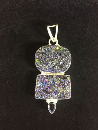 Vintage Sterling Silver Pendant Chunky Textured Stone Blue Green Purple Large