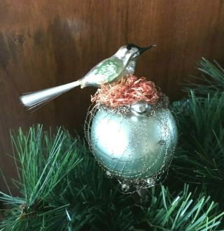 Vtg Antique Mercury Glass Bird Nesting On Grass W Crinkle Wire Ornament,  German