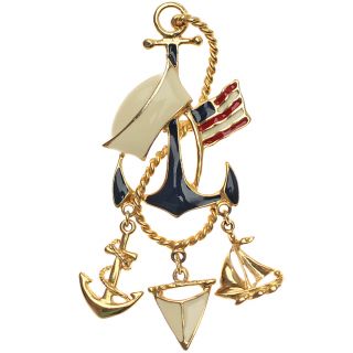 Vintage Patriotic Sailor Charm Brooch Pin,  Red White Blue Enamel,  Anchor Ship