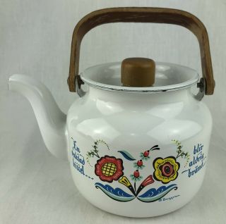 Vintage Berggren Swedish Enamelware Wood Handle Tea Pot Folk Art