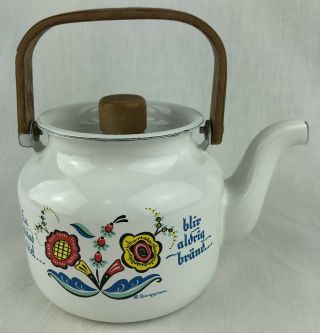 Vintage Berggren Swedish Enamelware Wood Handle Tea Pot Folk Art 2