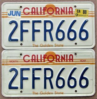 Biblical 666 Recall On 1988 California Sun License Plate Pair 2ffr666