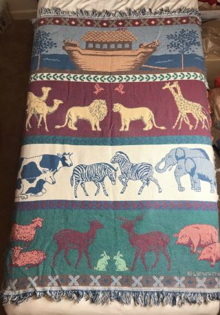 Vintage Crown Crafts Throw Blanket Woven Tapestry Noah’s Ark Animals