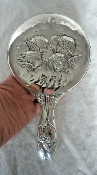 Large Antique George V 1915 Cherub Solid Silver Mounted Hand Mirror