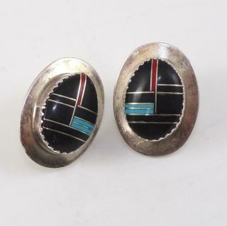 Vtg Native American Sterling Silver Coral Turquoise Inlay Earrings Lfl3