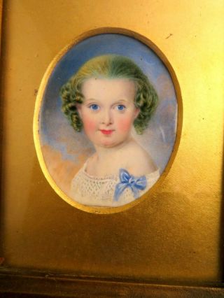 Antique 19thc Country House Portrait Miniature Of A Little Girl With Blue Eyes.