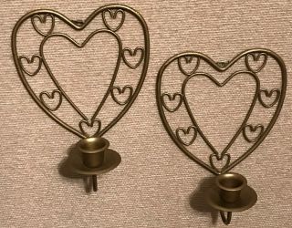 Homco Home Interiors Two Heart Sconces Gold Metal Candle Holders Vintage Wall