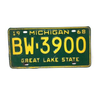 1968 Michigan License Plate Bw3900 Green Yellow Great Lake State Historical Vtg
