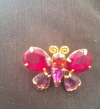 Joan Rivers Vintage Large Crystals Rhinestone Butterfly Brooch Ruby & Amethyst.