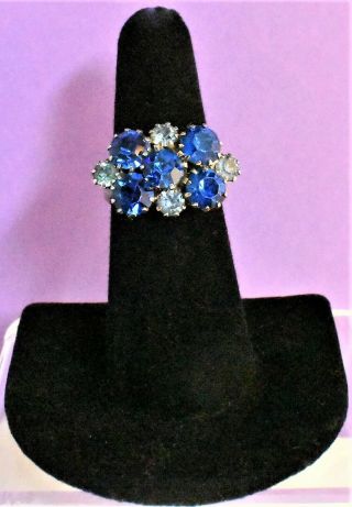 Vintage Cluster Two Tone Blue Faceted Crystals Silver Tone Band Ring Size 5 To 9