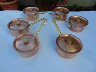 Set 6 Vintage French Lidded Copper Saucepans Small Size Stove To Table Ware