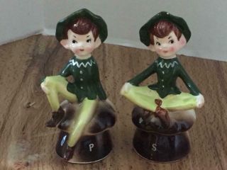 Vintage Enesco Pixie Elves On Mushroom Salt And Pepper Shakers