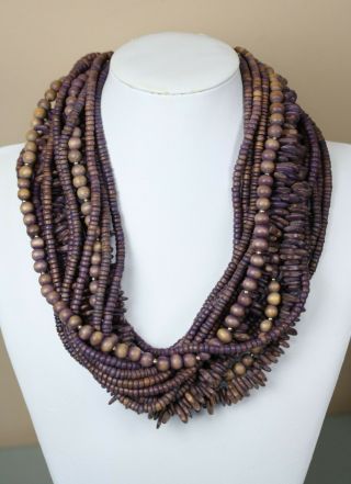 Vintage Gerda Lynggaard Purple Coconut Wood Bead Multi - Strand Statement Necklace