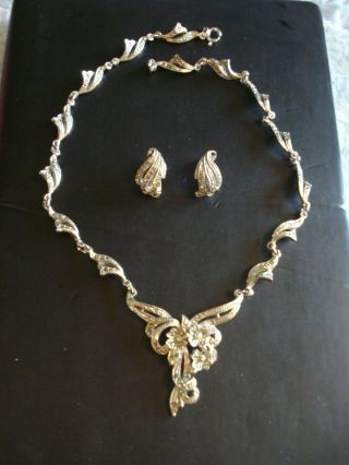 Vintage Art Deco Silver Tone Metal Marcasite Necklace & Earrings Set