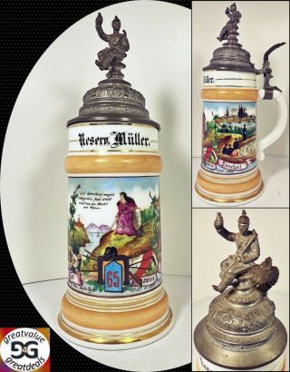 Antique German Porcelain Military Wwi Beer Stein Regimental Lithophane 1903 - 1905