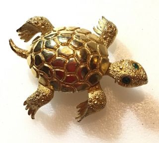 Vintage Signed Monet Gold Tone Turtle Brooch Pin With Green Eyes