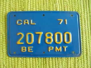 1971 California License Plate 71 Ca Tag 207800 Be Pmt 8x5 Motorcycle Size