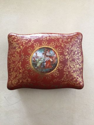 Vintage M & R Hand Painted Porcelain Red & Gold Trinket Box Dish Made In Usa