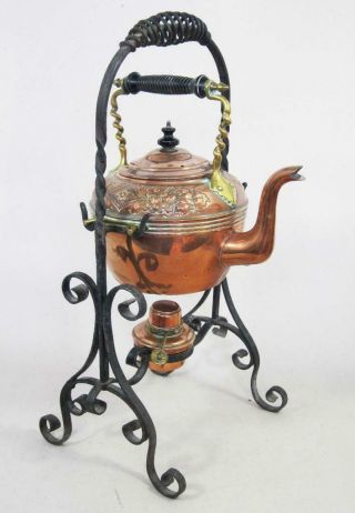 Fine Antique Arts & Crafts Copper & Wrought Iron Kettle & Stand 1880 Tea Pot Set