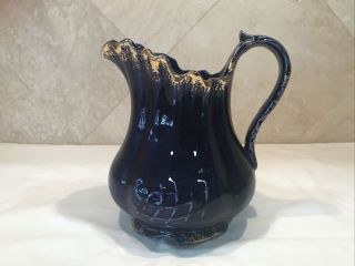 Vintage Pitcher Cobalt Blue Pottery Water Gold Trim 7” Color