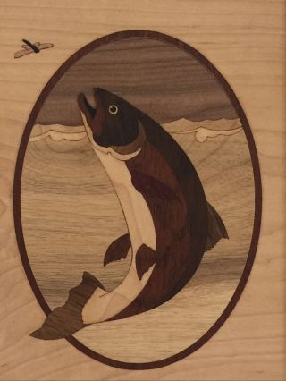 Vintage Hudson River Inlay TROUT Exotic Woods Art Picture Marquetry 6.  75 x 9.  75 2