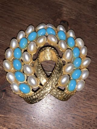 Vintage Signed Art Brooch Pin Gold Tone Filigree Cameo Bow Blue Pearl 1.  75”