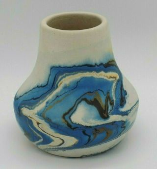 Vintage Nemadji Clay Art Pottery Vase Swirl Blue Gray Indian Head Logo Southwest