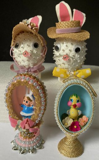 Vintage Sequin & Bead Easter Decorations Mr.  & Mrs.  Rabbit,  Bunny & 2 Dioramas
