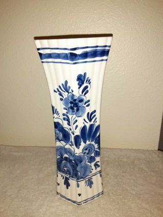 Vintage Delft Ceramic Pottery Vase Signed Blue & White 10 " Floral Hexagon 6
