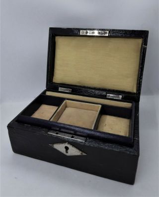 Antique Victorian Very Dark Blue / Black Leather Jewellery Box Tray & Key C1900
