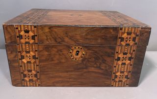 Lg Antique 19thc Victorian Marquetry Inlaid Veneer Old Gentlemans Chest Wood Box