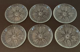 Vintage Set Of 6 Clear Glass Frosted Flower Canape Plates Each 5 - 1/2 " Diameter