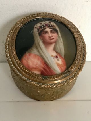 Antique French Ormolu Jewelry Trinket Box Miniature - Portrait Lid