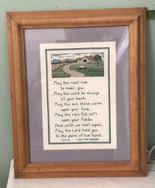Vintage " Old Irish Blessing " Hand Embroidered With Matting & Wood Frame -