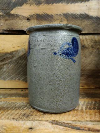 Strasburg W H Lehew Primitive Blue Cobalt Decorated Stoneware 1/2 Gallon Jar