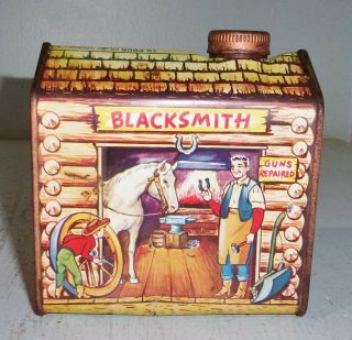 Vintage Log Cabin Syrup Tin Blacksmith Shop Advertising Container