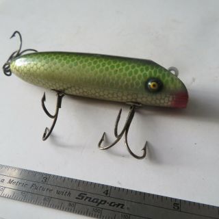 Fishing Lure South Bend 3¾ " Vintage Wood Bass Oreno Green & Silver Scales