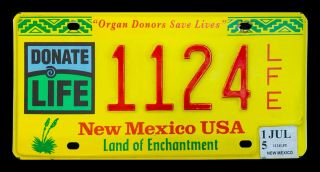 Mexico Organ Donors Save Lives Donate Life License Plate " 1124 Lfe " Nm