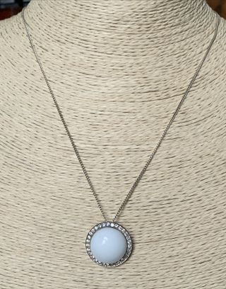 Vintage Sterling Silver,  White Glass Cabochon And Crystal Pendant On 925 Chain