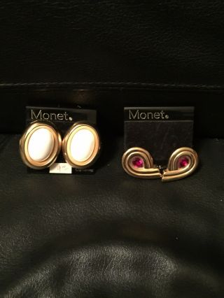 2 Pair Vintage Monet Clip On Earrings Gold Tone Faux Ruby And Pearl{signed}