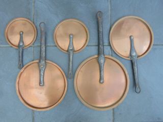 Set 5 Antique French Copper Flat Saucepan Lids Covers Long Cast Iron Handles