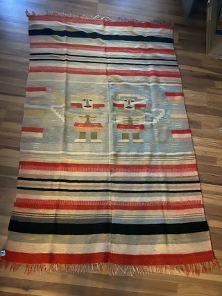 Antique Navajo Rug Blanket Native American Indian Yei Weaving Tapestry