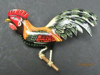 Vintage Takahashi Style Rooster Bird Hand Carved Painted Wood Brooch Pin