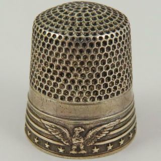 Antique Wwi Kmd Patriotic Eagle Stars & Stripes Sterling Silver Size 11 Thimble