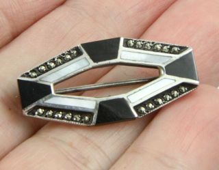 Vintage Sterling Silver Art Deco Style Marcasite And Enamel Brooch Pin