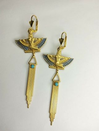 Vintage Egyptian Revival Isis Goddess Golden Art Deco Earrings