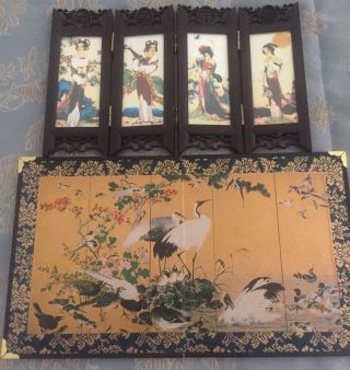 Vintage Chinese Mini Table Top Folding Screen 4 Panels 9.  5”x6”/desk Top Panel