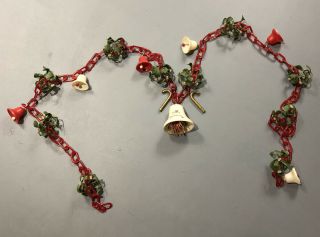 Vintage Christmas Chain Garland Red White Bells Holly Gold Candy Canes 90 " Long