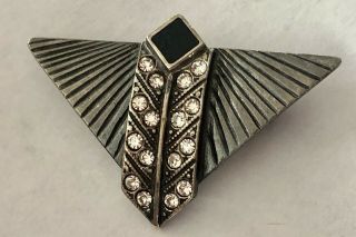 Vintage Sterling Silver Black Onyx Rhinestone Brooch Pin