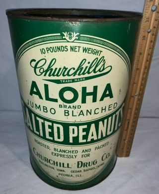 Antique Churchill Aloha 10lb Jumboe Salted Peanuts Tin Litho Can Iowa Illinois
